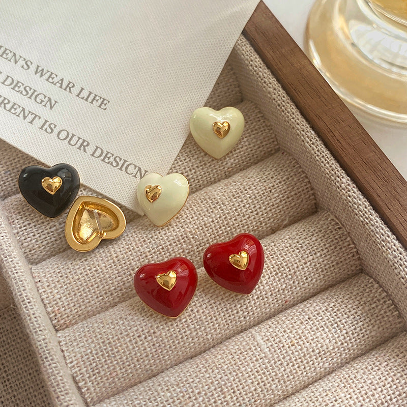 Vintage Red Heart Earrings – Silver Needle, New Year Style