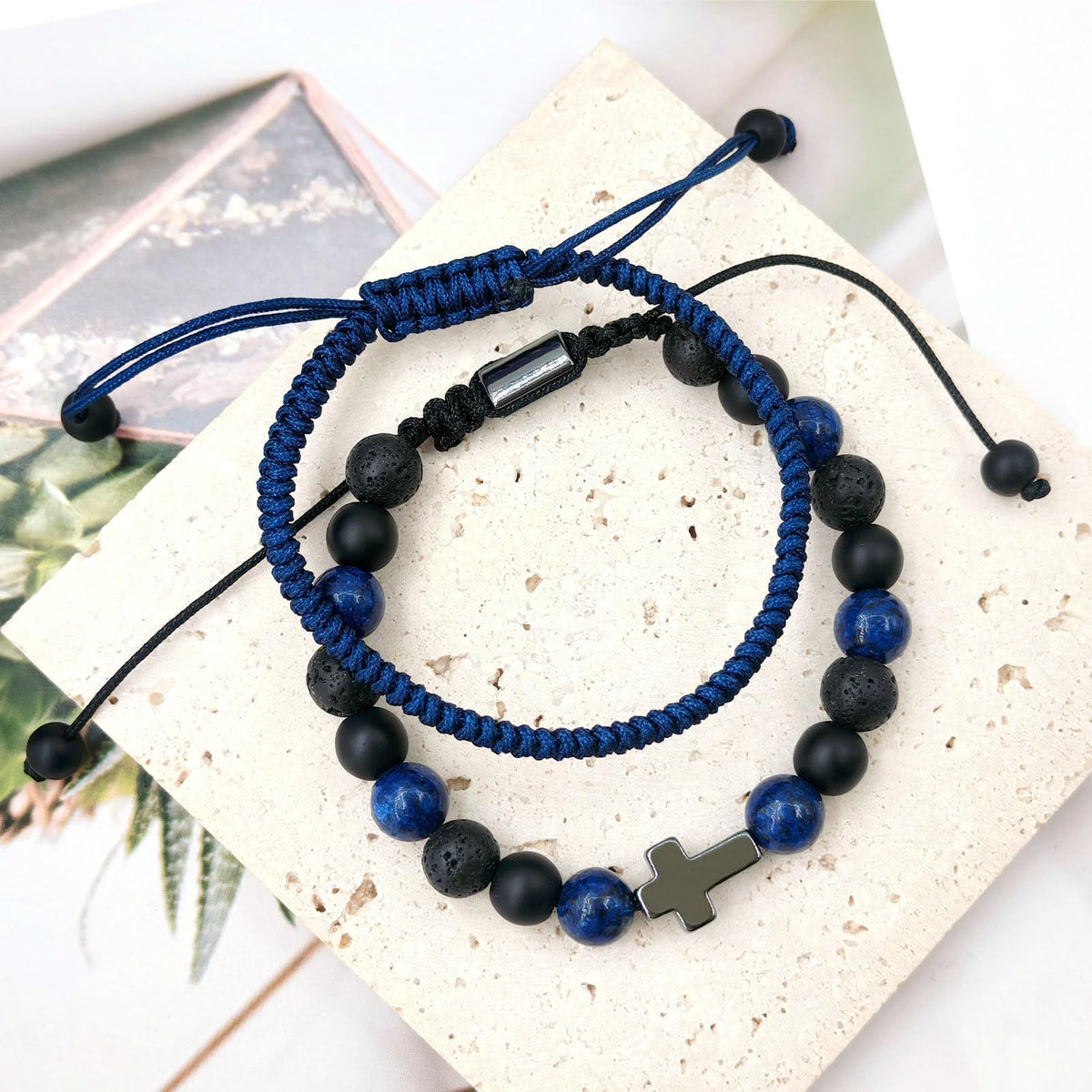 Lapis Lazuli & Black Volcanic Stone Beaded Bracelet Set - Hand‑woven Cross Accent
