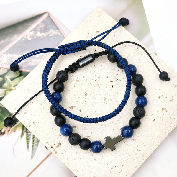 Lapis Lazuli & Black Volcanic Stone Beaded Bracelet Set - Hand‑woven Cross Accent