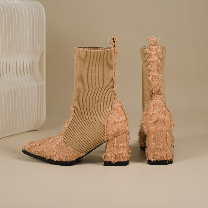Women's Fringe And Knit Combination Mid-Calf Boots