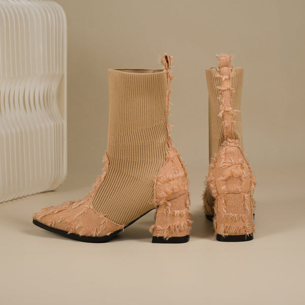 Women's Fringe And Knit Combination Mid-Calf Boots