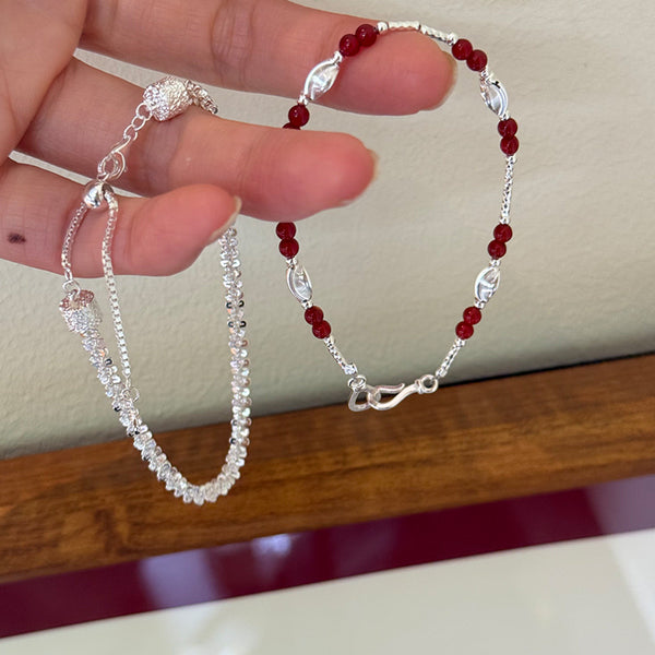 S925 Sterling Silver Carved Round Beads Bracelet with Red Agate