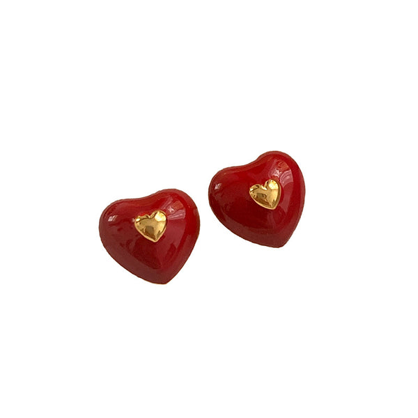 Vintage Red Heart Earrings – Silver Needle, New Year Style