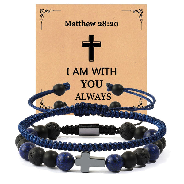 Lapis Lazuli & Black Volcanic Stone Beaded Bracelet Set - Hand‑woven Cross Accent