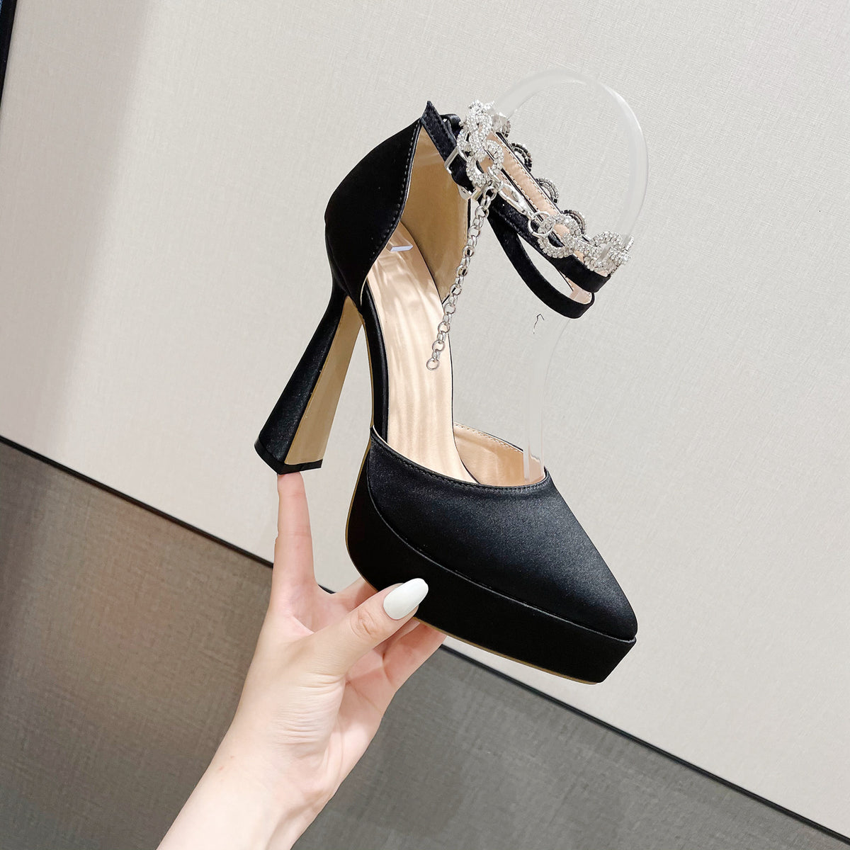 Super High Heel Chunky Heel Rhinestone Sandals