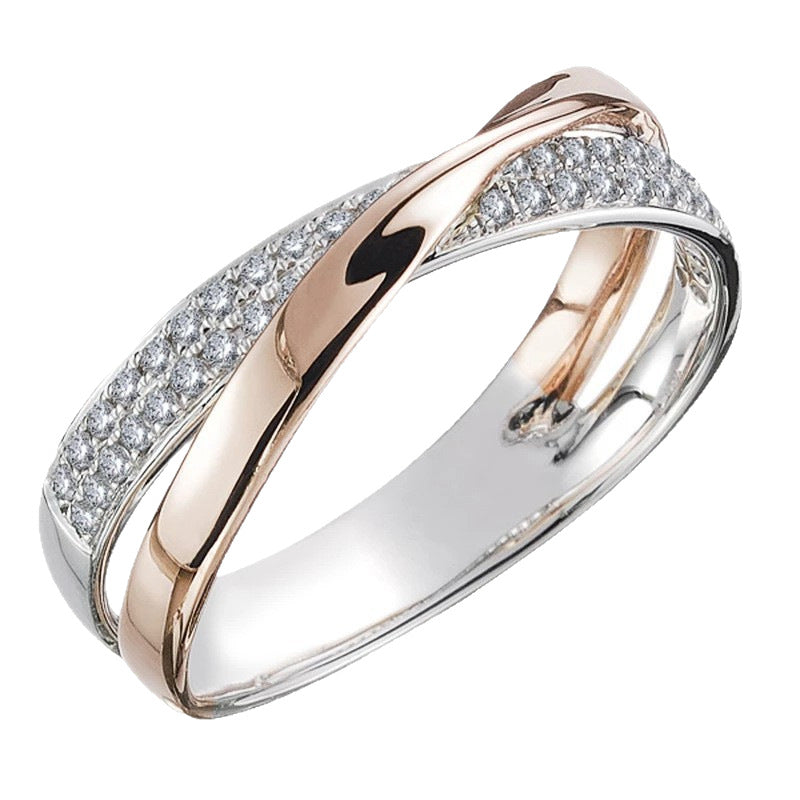 Copper-Plated White K X-Shaped Two-Tone Zircon Ring - Simple & Stylish Design