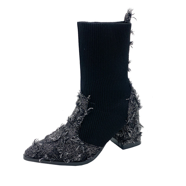 Women's Fringe And Knit Combination Mid-Calf Boots