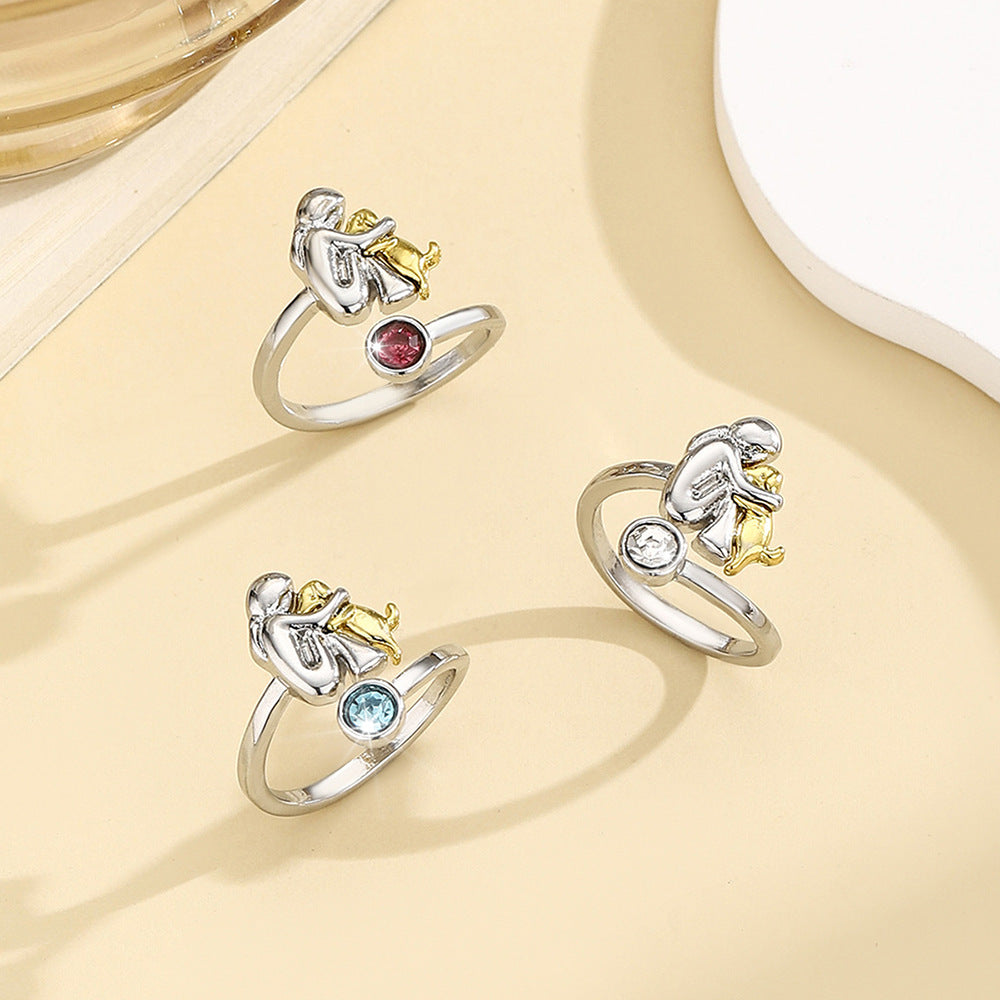 Women’s Open Ring with Birthstone Rhinestone - Adjustable Elegant Design