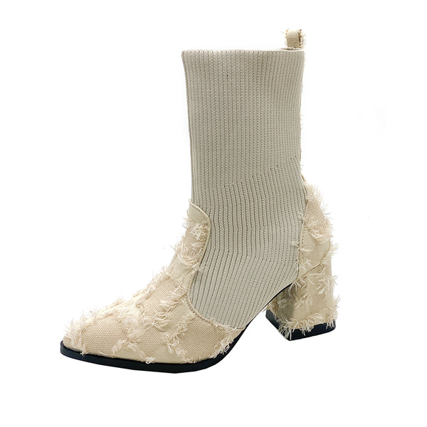 Women's Fringe And Knit Combination Mid-Calf Boots