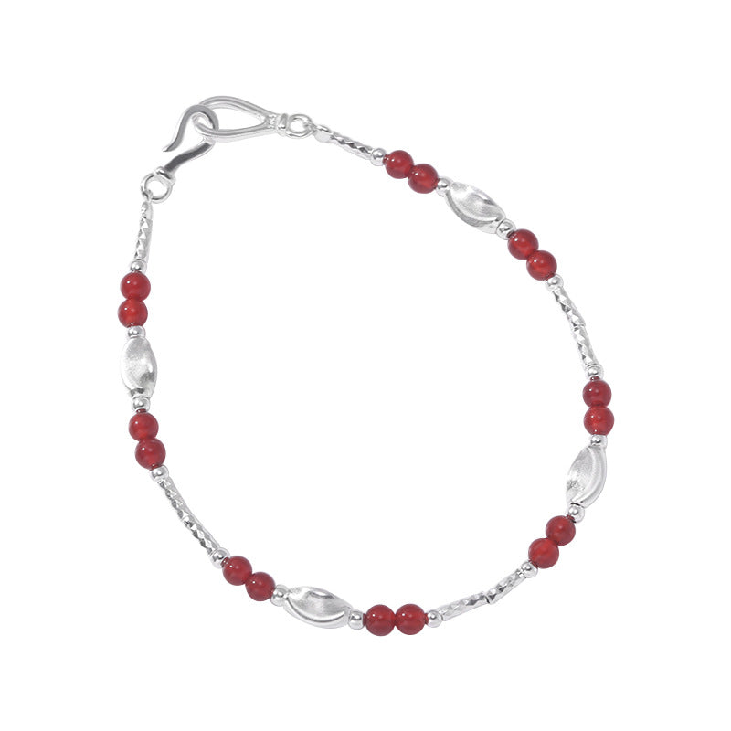 S925 Sterling Silver Carved Round Beads Bracelet with Red Agate