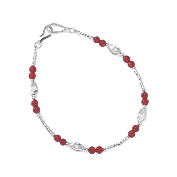 S925 Sterling Silver Carved Round Beads Bracelet with Red Agate