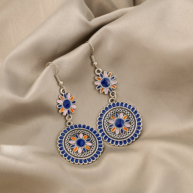 Retro Bohemian Round Sunflower Earrings, Bold Statement Design