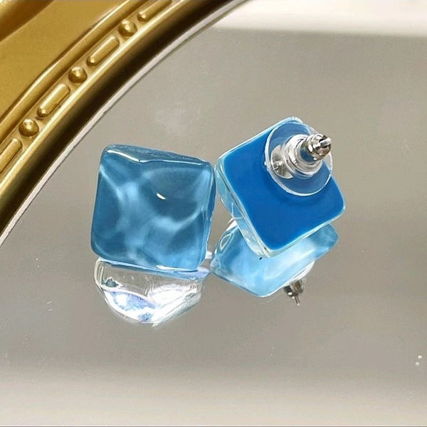 Geometric Square Blue Water Ripple Earrings