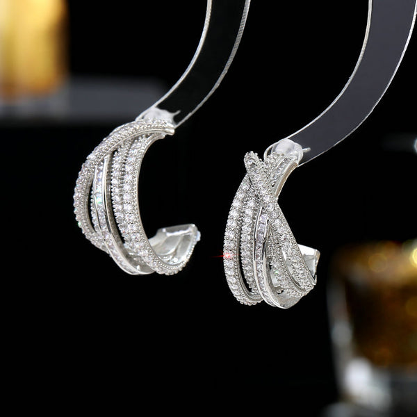 Colorful Zircon Geometric Cross C-Shaped Earrings - Small Design Accent