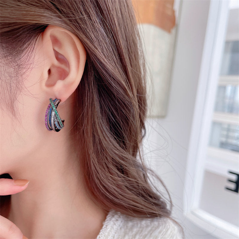 Colorful Zircon Geometric Cross C-Shaped Earrings - Small Design Accent
