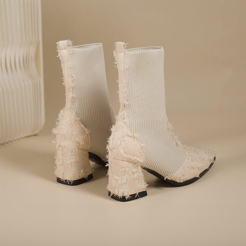 Women's Fringe And Knit Combination Mid-Calf Boots