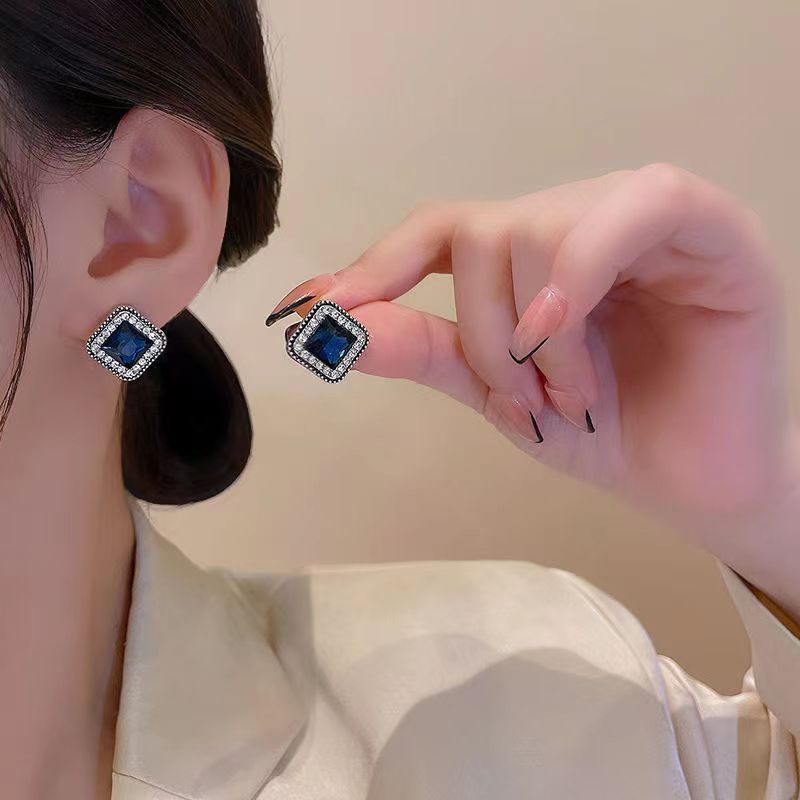 Korean Minimalist Blue Diamond Square Earrings, Stylish Personality for Women