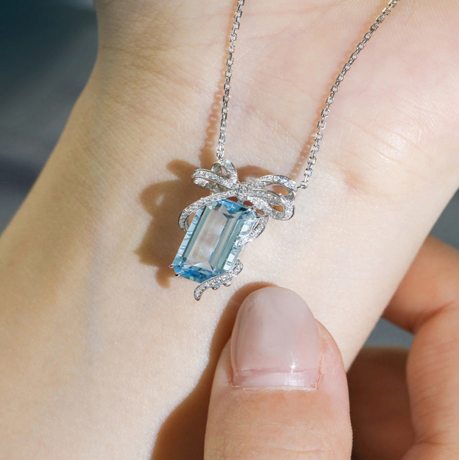 Square Bow Aqua Blue Topaz Necklace - Light Luxury Design for Women