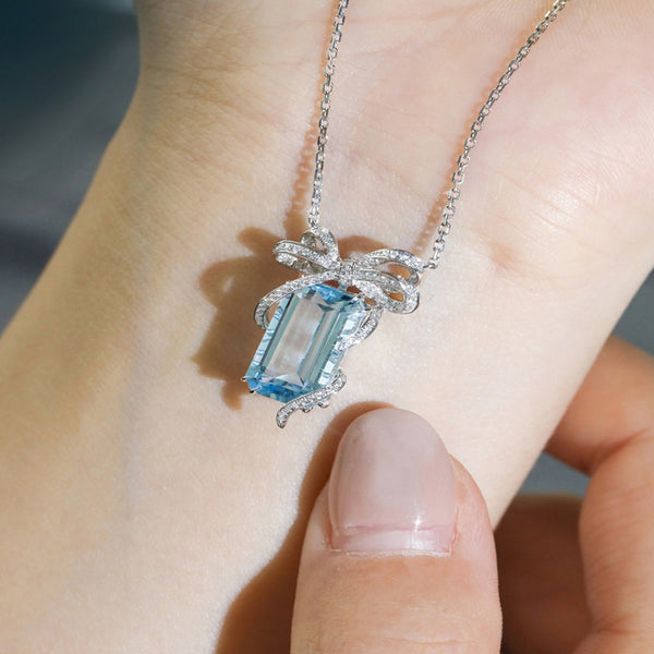 Square Bow Aqua Blue Topaz Necklace - Light Luxury Design for Women