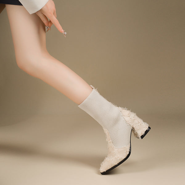 Women's Fringe And Knit Combination Mid-Calf Boots