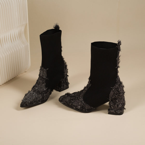 Women's Fringe And Knit Combination Mid-Calf Boots