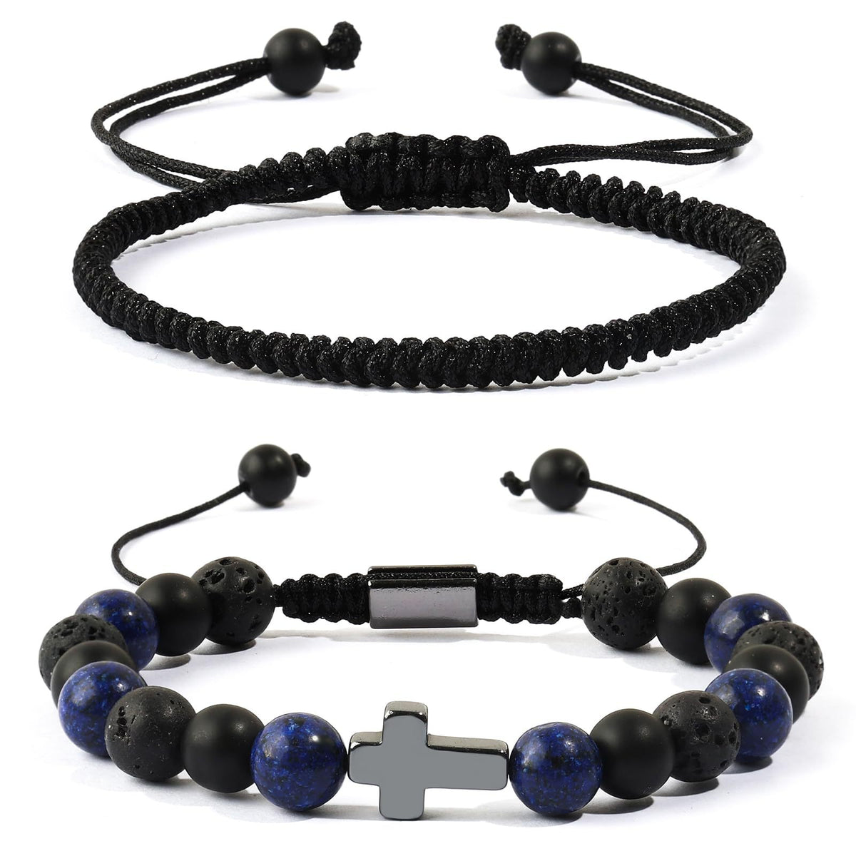 Lapis Lazuli & Black Volcanic Stone Beaded Bracelet Set - Hand‑woven Cross Accent