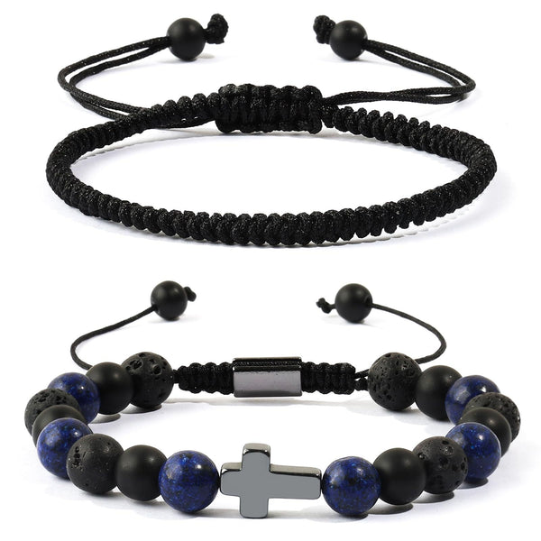 Lapis Lazuli & Black Volcanic Stone Beaded Bracelet Set - Hand‑woven Cross Accent