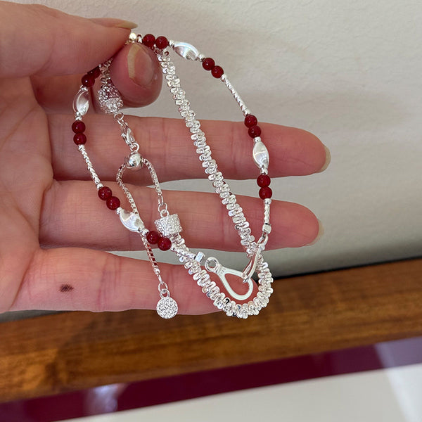 S925 Sterling Silver Carved Round Beads Bracelet with Red Agate