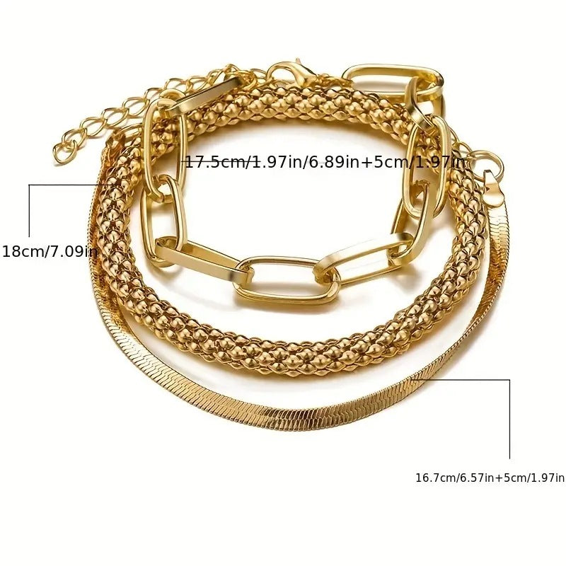 Retro Snake Bone Chain Multi‑Layer Bracelet Set - 3 Pieces