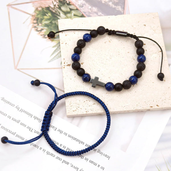 Lapis Lazuli & Black Volcanic Stone Beaded Bracelet Set - Hand‑woven Cross Accent