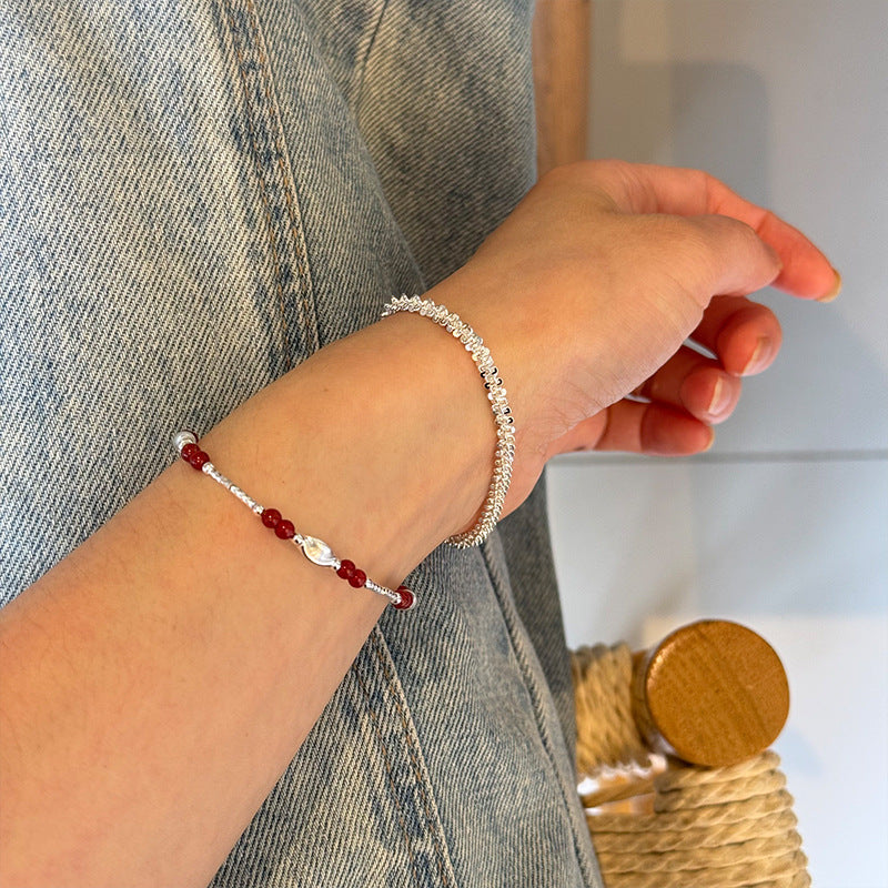S925 Sterling Silver Carved Round Beads Bracelet with Red Agate