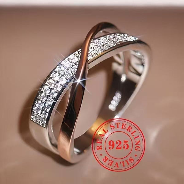 Copper-Plated White K X-Shaped Two-Tone Zircon Ring - Simple & Stylish Design