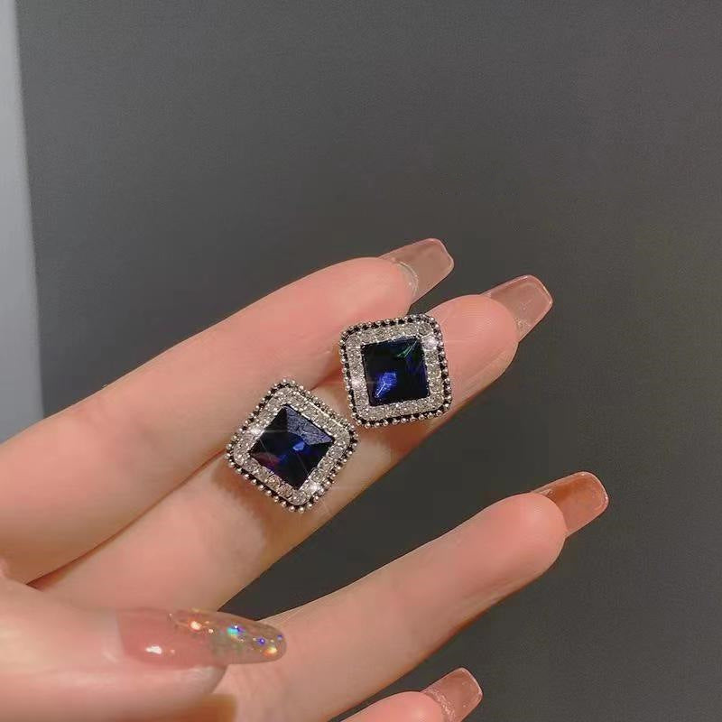 Korean Minimalist Blue Diamond Square Earrings, Stylish Personality for Women