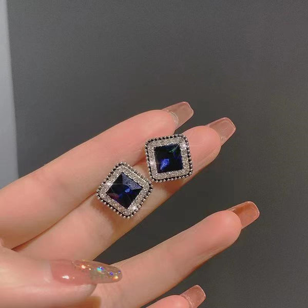 Korean Minimalist Blue Diamond Square Earrings, Stylish Personality for Women