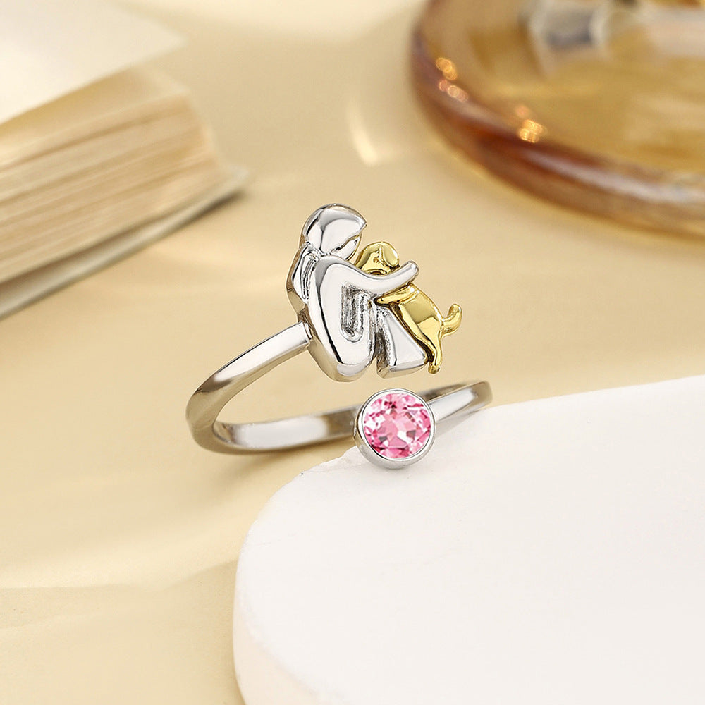 Women’s Open Ring with Birthstone Rhinestone - Adjustable Elegant Design