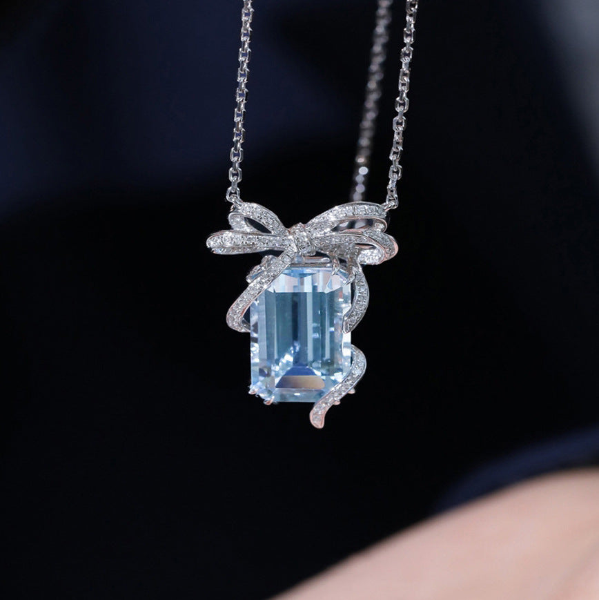 Square Bow Aqua Blue Topaz Necklace - Light Luxury Design for Women