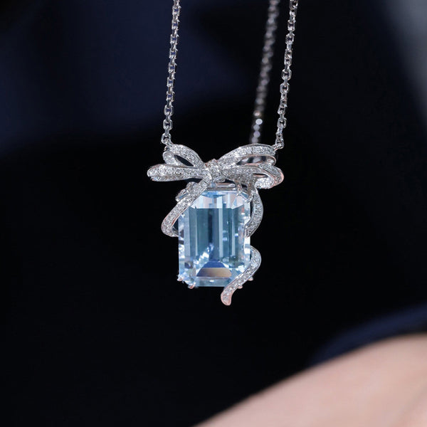 Square Bow Aqua Blue Topaz Necklace - Light Luxury Design for Women