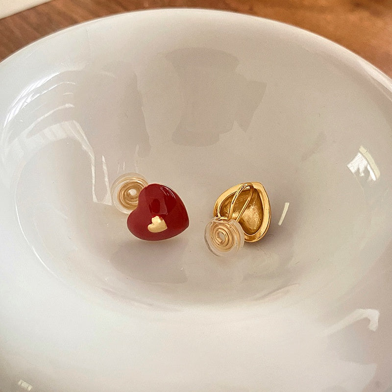 Vintage Red Heart Earrings – Silver Needle, New Year Style