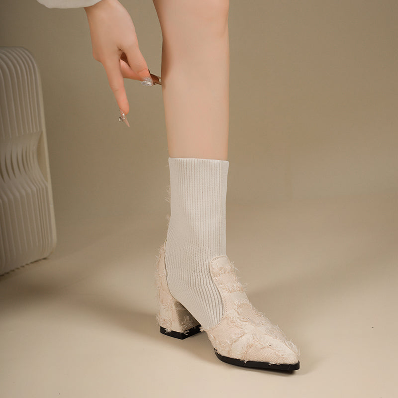 Women's Fringe And Knit Combination Mid-Calf Boots