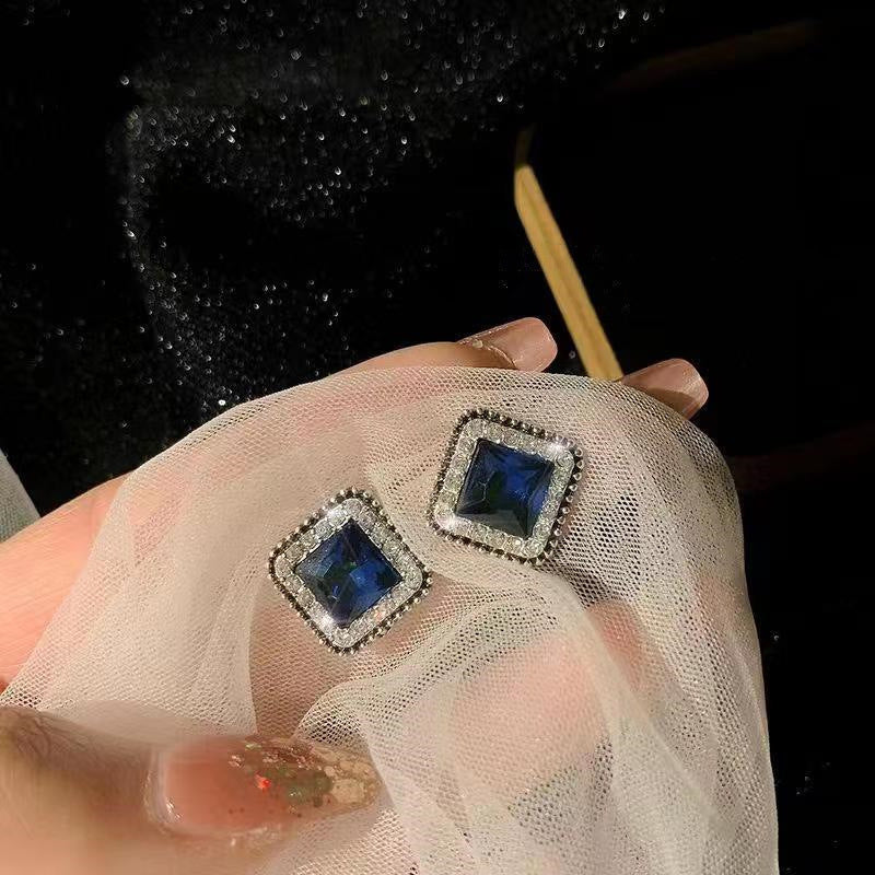 Korean Minimalist Blue Diamond Square Earrings, Stylish Personality for Women
