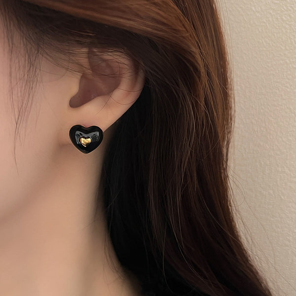 Vintage Red Heart Earrings – Silver Needle, New Year Style