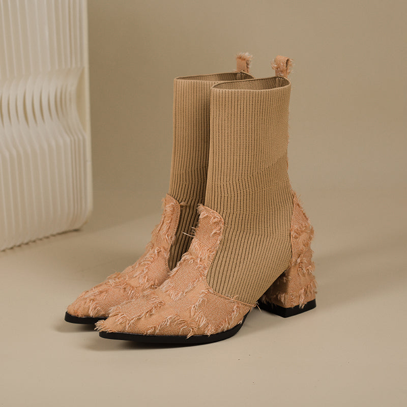 Women's Fringe And Knit Combination Mid-Calf Boots