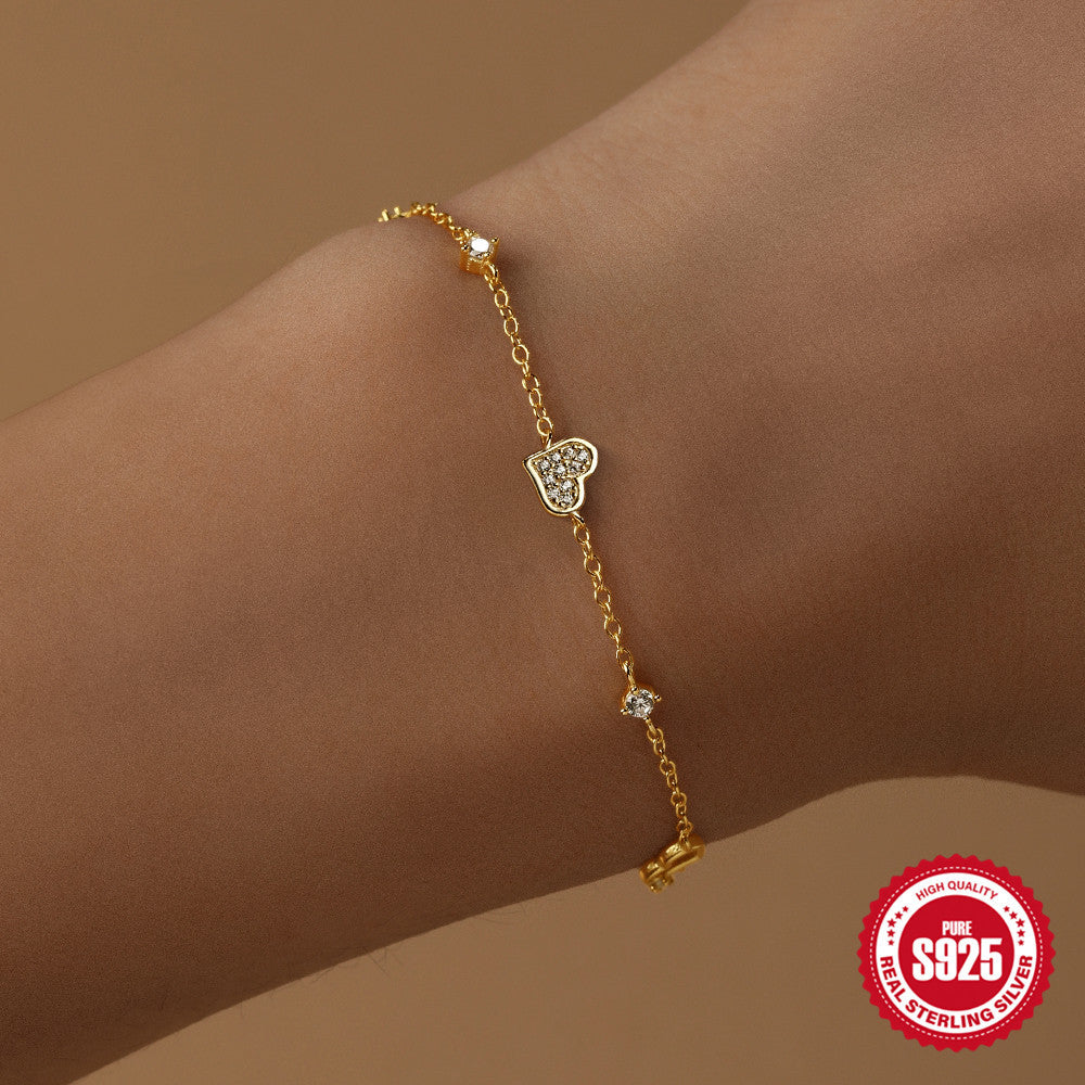 S925 Sterling Silver Heart-Shaped Diamond Bracelet