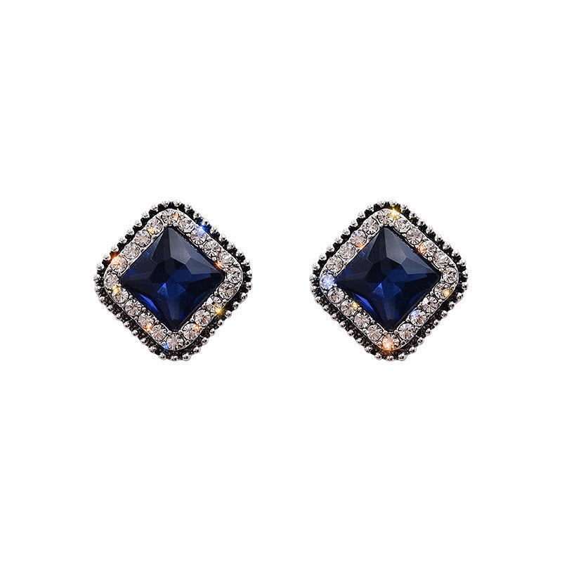 Korean Minimalist Blue Diamond Square Earrings, Stylish Personality for Women