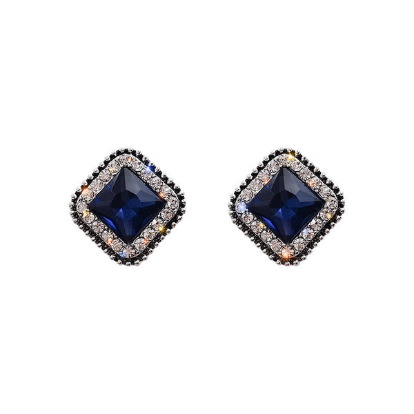 Korean Minimalist Blue Diamond Square Earrings, Stylish Personality for Women