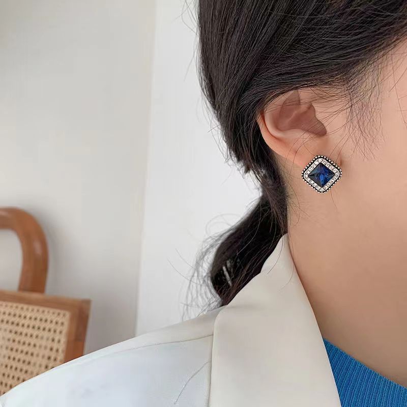 Korean Minimalist Blue Diamond Square Earrings, Stylish Personality for Women