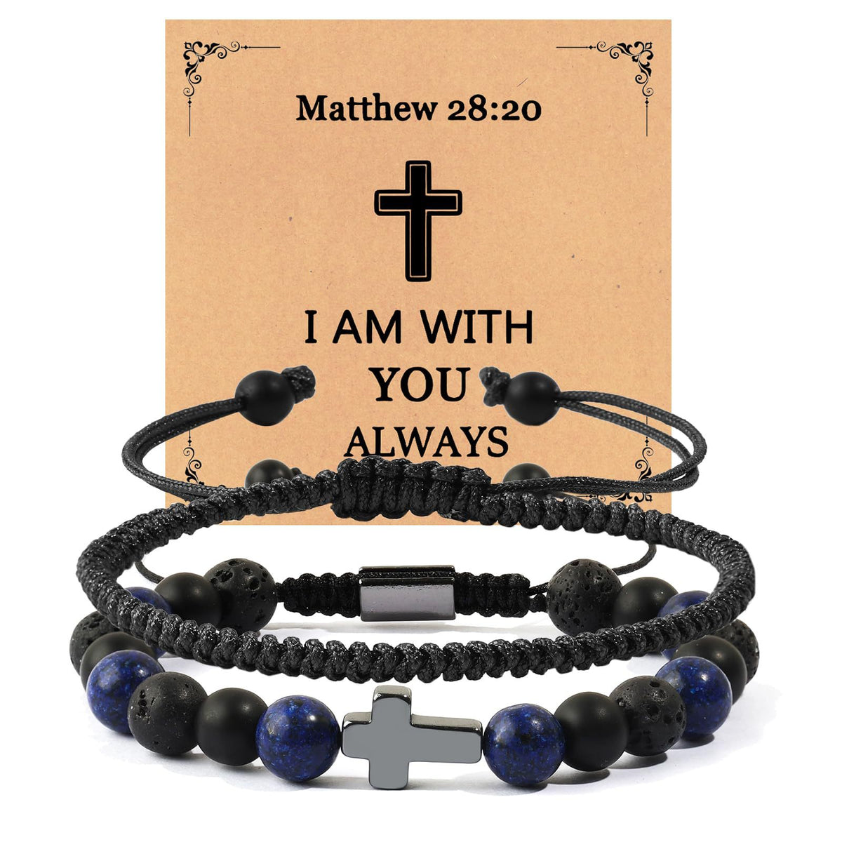 Lapis Lazuli & Black Volcanic Stone Beaded Bracelet Set - Hand‑woven Cross Accent