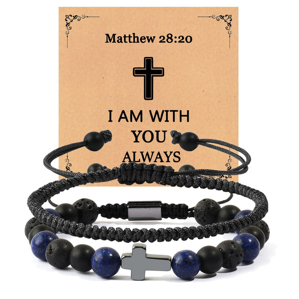 Lapis Lazuli & Black Volcanic Stone Beaded Bracelet Set - Hand‑woven Cross Accent