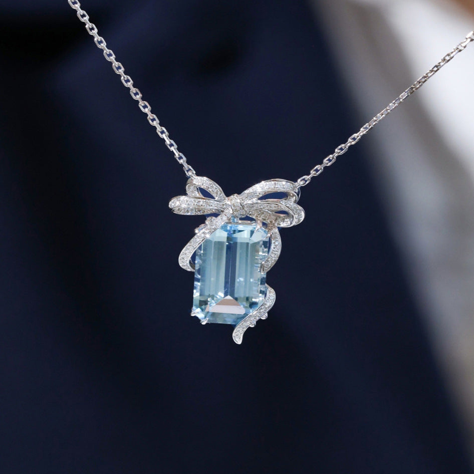 Square Bow Aqua Blue Topaz Necklace - Light Luxury Design for Women