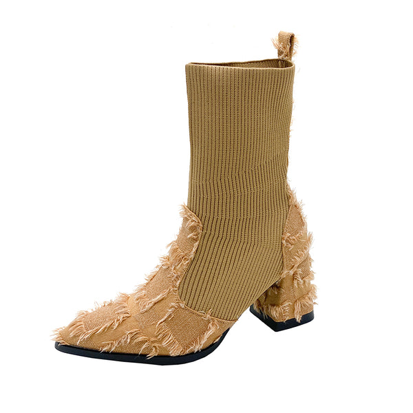 Women's Fringe And Knit Combination Mid-Calf Boots